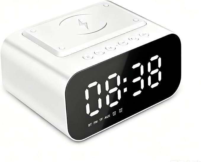 Wireless Charging Clock Radio with 15W Fast Charging, Bluetooth 5.1 Speaker, Dual 5W Stereo Sound, LED Display, AUX-in, and Payment Notification for Home & Office, BT510 Black