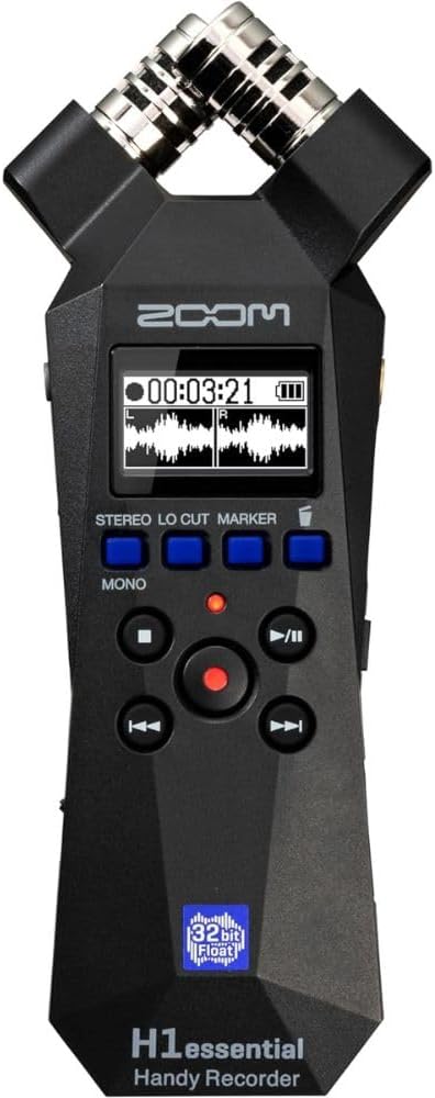 Zoom H1essential 2-Track 32-Bit Float Portable Audio Recorder Bundle with Omnidirectional Lavalier Microphone, 32GB Memory Card with SD Adapter, 4 Pack AAA Batteries and Compact Tabletop Tripod