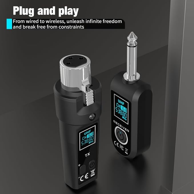 Upgrade 2.4GHZ Wireless XLR Transmitter and Receiver, Built-in Rechargeable Lithium Battery for Dynamic Microphone,Audio Mixer,Electric Guitar Bass (D 1 Receiver + 2 emitter)