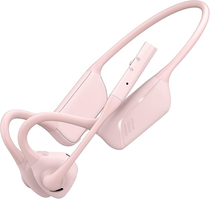 Smof Open-Ear Headphones with Mic,Qualcomm aptX Lossless Bluetooth 5.1 Wireless Headset with Noise-Canceling Mic and Mute Function for Online Meeting Driving-Not Bone Conduction (Pink)