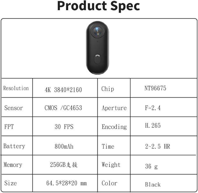 4K Mini Action Camera, Included 64GB, Wearable Camera with 360°Rotatable Clip & Magnetic Clip, for Lecture, Traveling, Pet Walking and Outdoors Activities JS-10B Full Packaging