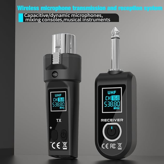 Upgrade 2.4GHZ Wireless XLR Transmitter and Receiver, Built-in Rechargeable Lithium Battery for Dynamic Microphone,Audio Mixer,Electric Guitar Bass (C 1 Receiver + 1 emitter)