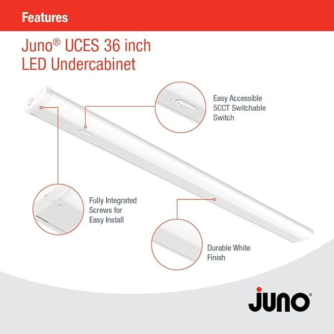 Juno UCES 36 Inch LED Under Cabinet Lighting, LED Kitchen Cabinet Light Fixture Hardwired, Dimmable, Damp Rated, Selectable Soft, Warm, Neutral, Cool, Daylight White Light (UCES 36IN SWW5 90CRI WH M6)