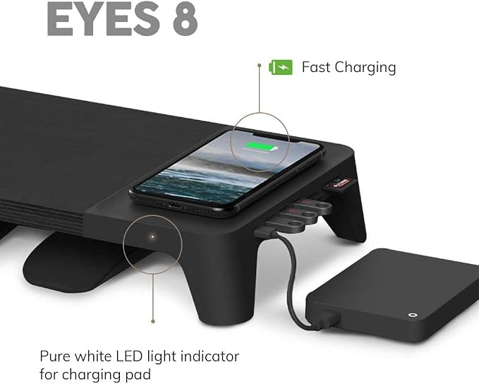 POUT E8 Wood Desk Monitor Computer Stand Riser Shelf + USB HUB + Qi Fast Wireless Charging Charger Pad Mat for Laptop, Apple, iMac, PC, iPhone, Samsung Galaxy, Airpod 2, Buds (Black)