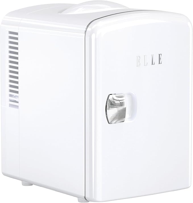 ELLE Multi Purpose 4L Mini Fridge Cooler and Warmer with Cool and Warm Function Removable Shelf Carrying Handle AC DC Power Options for Car Office Bedroom 6 Can Capacity White