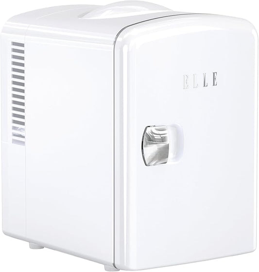 ELLE Multi Purpose 4L Mini Fridge Cooler and Warmer with Cool and Warm Function Removable Shelf Carrying Handle AC DC Power Options for Car Office Bedroom 6 Can Capacity White