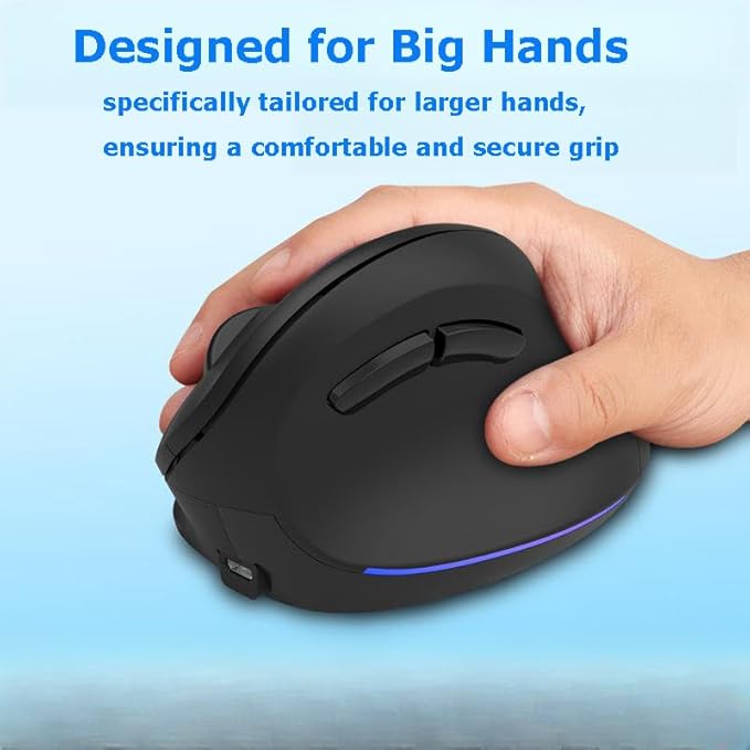 Wireless Mouse Ergonomic Vertical Mouse for Large Hands Rechargeable Big Quiet Silent Ergo Blue LED Light Carpal Tunnel Mice for PC Laptop Computer Macbook Office Gift,Bluetooth Vertical Mice