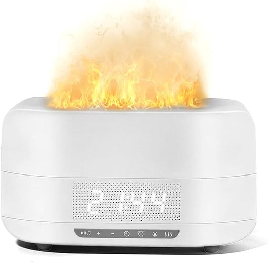 Aroma Essential Oil Diffuser & Humidifier 400mL, 5-in-1 Flame Effect Ultrasonic Diffuser with Bluetooth Speaker, LED Night Light & Clock, Quiet Diffuser for Bedroom Sleep Relaxation (White)