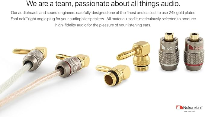 Nakamichi FanLock Excel Series 24k Gold Plated Right-Angle 90 Degree Banana Plug 10 AWG - 18 AWG Gauge Size 4mm for Speakers Amplifier Hi-Fi Home Theatre Wire Cable Quick Connector, 10 Pcs (5-Pairs)