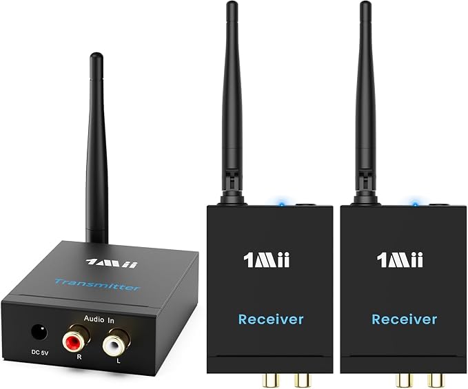 1Mii 2.4GHz (1 TX + 2 RX) Wireless Audio Transmitter and Receiver Set | 20ms Ultra Low Delay with RCA In/Out, 320FT Long Range for TV PC CD Player Powered Speaker, 2 Receivers for 2 Powered Speaker