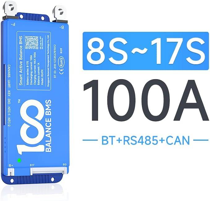 DALY BMS 100A 8S - 17S Built in Bluetooth 1A Active Cell Balancing RS485 CAN for 24V - 60V LiFePO4/Li - ion/LTO Battery Packs Perfect for Golf Cart, Home Energy System, E - Bike