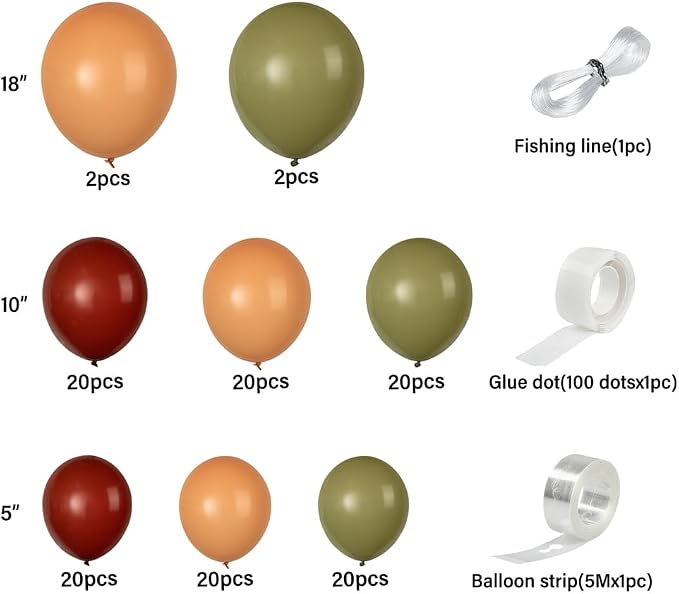 Restaurantware-Balloonify Balloon Garland Set, 1 Party Decoration Kit - 124 Balloons, With Chain, Brown, Beige, & Green Latex Balloon Arch Kit, Includes Glue Dots And Ribbon