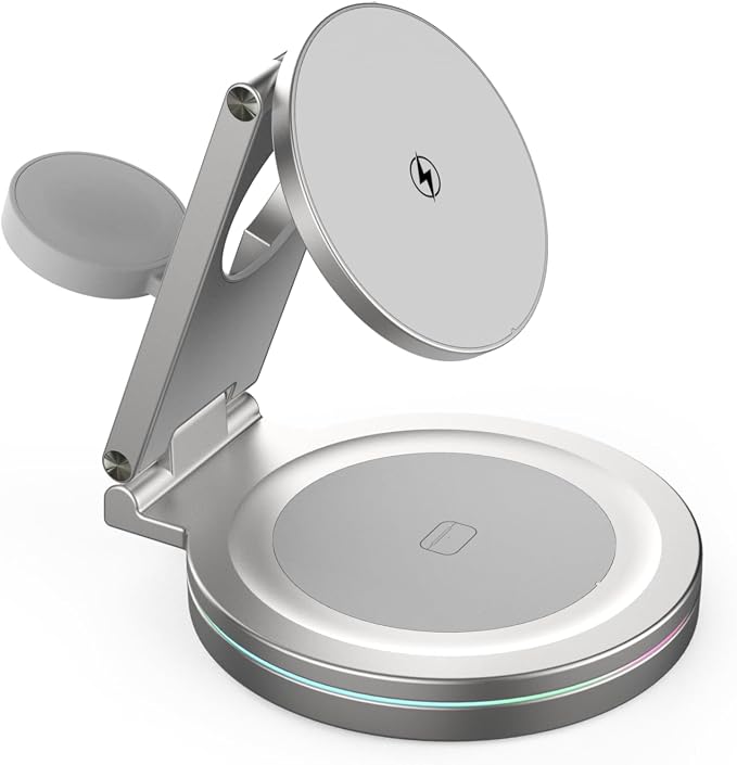Foldable 360º Rotatable Zinc Alloy 3-in-1 Magnetic Wireless Charger,3 in 1 Charging Station,Charging Stand,15W for iPhone 12-17,for Apple Smartwatches, AirPods (Adapter Included) (White)