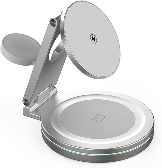 Foldable 360º Rotatable Zinc Alloy 3-in-1 Magnetic Wireless Charger,3 in 1 Charging Station,Charging Stand,15W for iPhone 12-17,for Apple Smartwatches, AirPods (Adapter Included) (White)