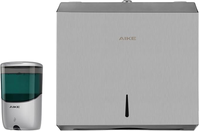 AIKE Automatic Commercial Soap Dispenser and Wall Mount Paper Towel Dispenser Bundle, Model AK1216_Silver_5180_Brushed