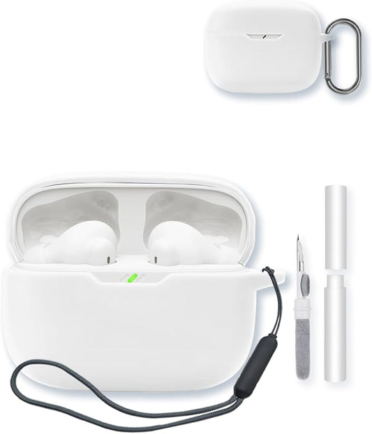 Case for JBL Vibe Beam 2 True Wireless Noise Cancelling Earbuds,Soft Protective,BOVUGAC Silicone Case Cover with Keychain & Cleaning Kit & Lanyard for JBL Vibe Beam 2-White