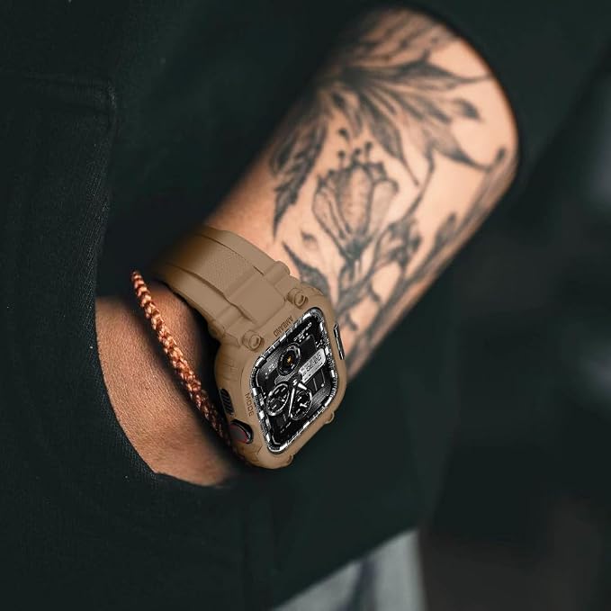 amBand Bands Compatible with Apple Watch 9/8/7 45mm, M1 Sport Series Rugged Case with TPU Strap Military Protective Tough Cover Bumper for iWatch SE3/SE2/SE/6/5/4 44mm Men Desert Tan
