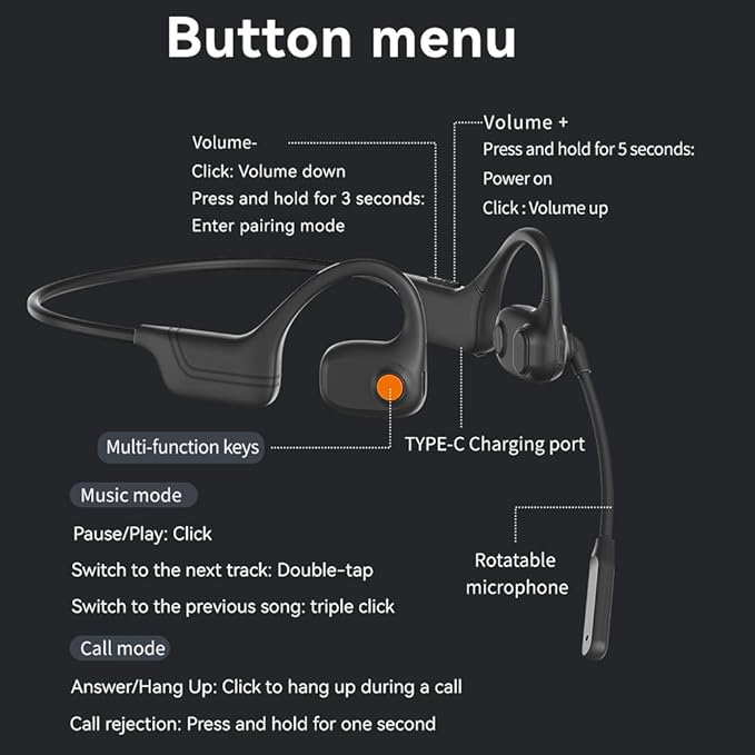 AYI Open Ear Air Conduction Bluetooth Headphone Dual Mic Rotatable Boom Mic Active Noise Cancellation IPX5 Waterproof Bluetooth 5.4 Pain-Free Design for Sports Work Outdoor Activities-DG Black