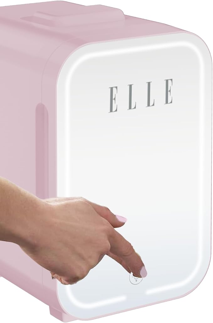 ELLE 8L Mini Cooler Fridge with LED Makeup Mirror for Skincare & Cosmetic Storage Cooler & Warmer Removable Shelf Carrying Handle AC DC Power Options Small Refrigerator for Bedroom Car Office Pink