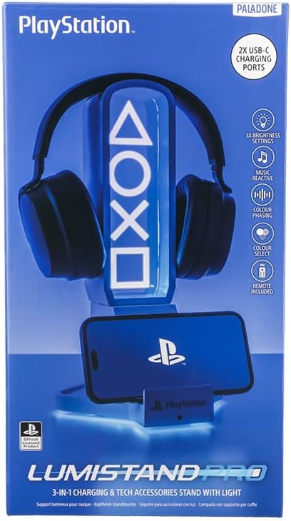 Paladone PlayStation 3-in-1 Headphone Stand and Tech Charging Station with Console Controller Cradle and 2 USB-C Ports, RGB Colour Changing Light Panel, Officially Licensed Gift for Gamers