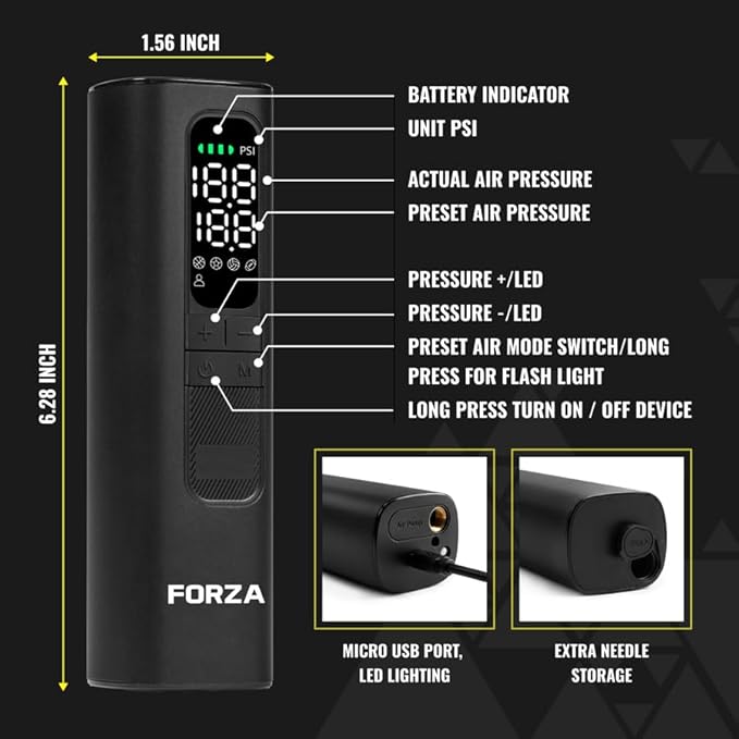 FORZA Digital Ball Pump │Rechargeable Electric Air Pump with LED Torch | Portable Sports Ball Inflator with Needles, Flex Hose, USB Charging Cable and Carry Case