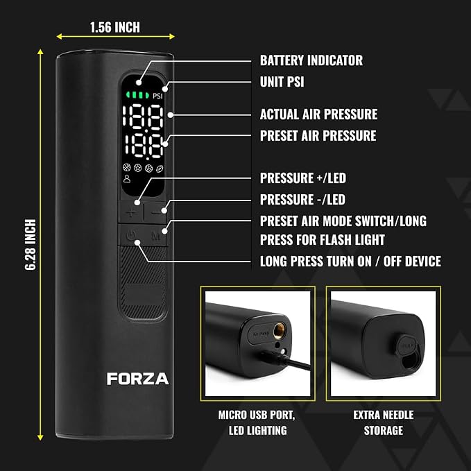 FORZA Digital Ball Pump │Rechargeable Electric Air Pump with LED Torch | Portable Sports Ball Inflator with Needles, Flex Hose, USB Charging Cable and Carry Case