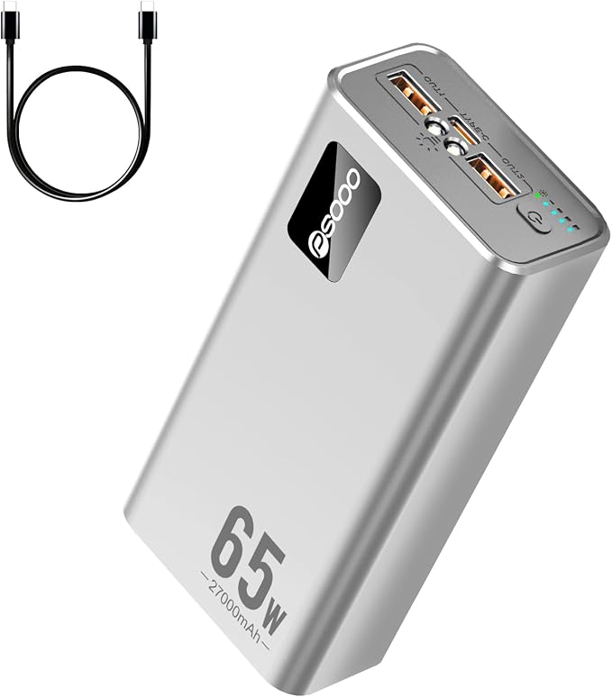 PSOOO Portable Charger 27000mAh 65W PD Fast Charging Power Bank, 3-Port External Battery Pack with LED Flashlight, Compatible with iPhone, Samsung, MacBook, Tablet, Travel & Outdoor Use (Sliver)