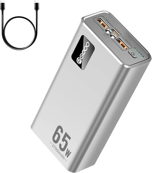 PSOOO Portable Charger 27000mAh 65W PD Fast Charging Power Bank, 3-Port External Battery Pack with LED Flashlight, Compatible with iPhone, Samsung, MacBook, Tablet, Travel & Outdoor Use (Sliver)