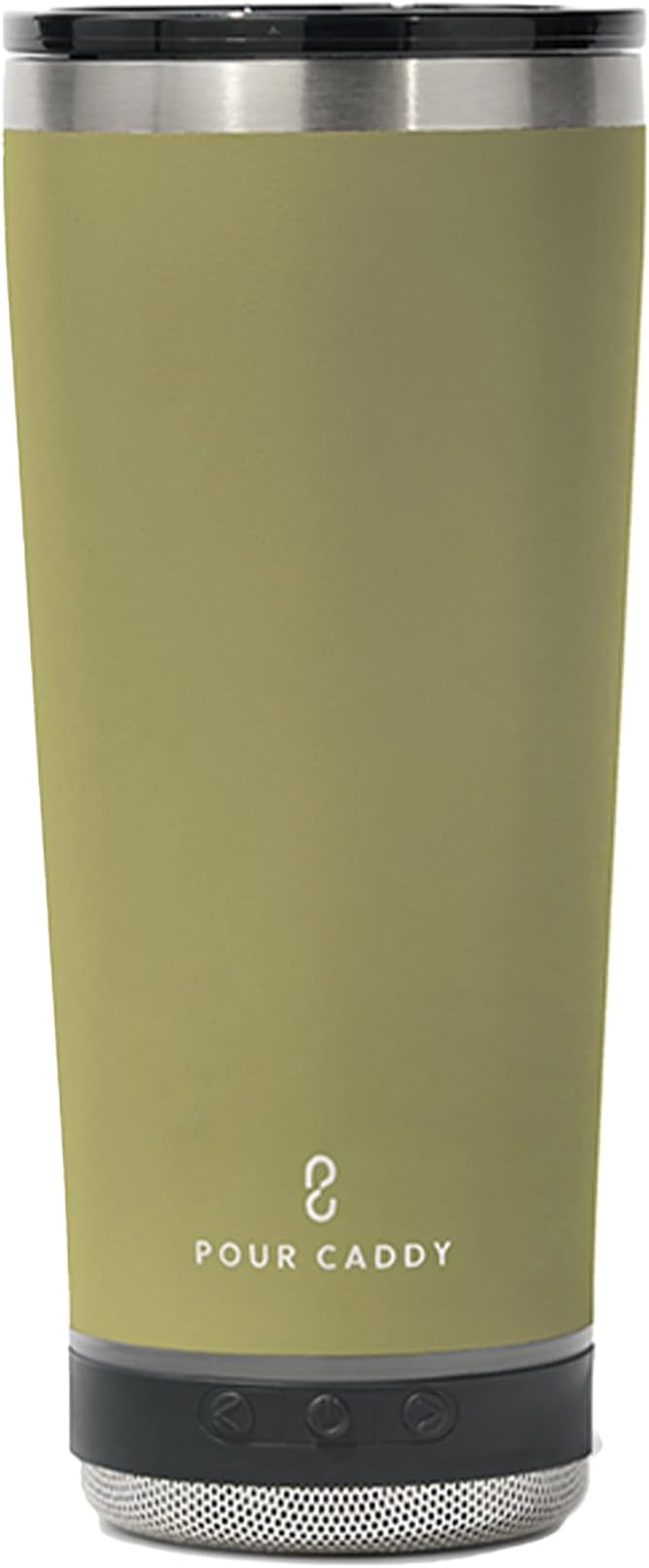 Vibe 18 oz Tumbler with Bluetooth Speaker, Insulated Stainless Steel Travel Cup with Lid, Hot & Cold Drink Termos, Removable Speaker with Microphone, Rubber Base, Sandstone