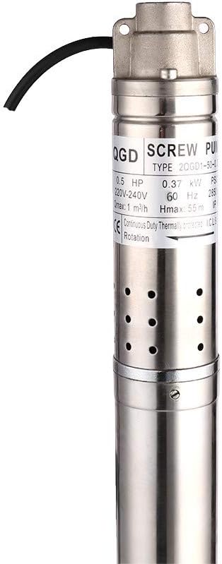 1/2HP Stainless Steel 2" OD Pipe Submersible Bore Pump 1/2 inch Outlet Water Pump 220-240V, 60Hz, Deep Well Pump Screw Submersible Water Pump for Industrial and Home Use