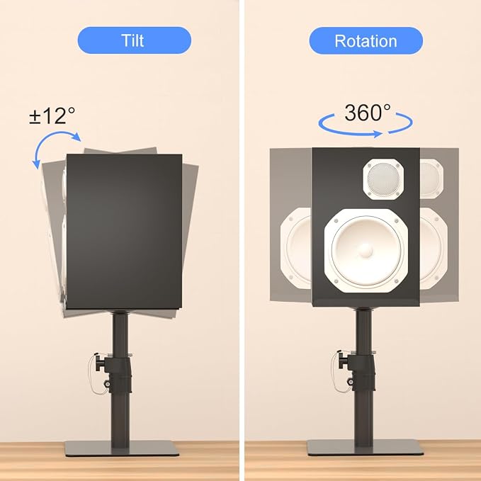 Suptek Free-Standing Speaker Stand Desktop Set, 9.6 x 8.8 inch Trays, Height Adjustment and Tilt, Universal Audio Holders for Computer and Bookshelf Speakers, Elevated Sound, 2 Pack, Black, SDM001T