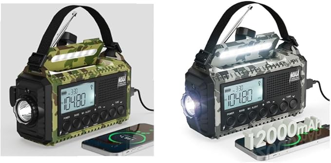 NOAA Emergency Weather Radio Camouflage 5-Way Powered 12000mAh, Crank Radio Flashlight Cell Phone Charger Am Fm Radio Portable