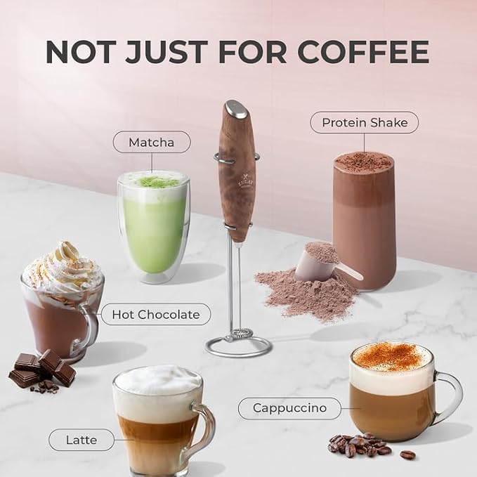 Zulay Kitchen Powerful Milk Frother Wand With Duracell Batteries - Ultra Fast Handheld Drink Mixer - Electric Whisk Foam Maker for Coffee, Lattes, Cappuccino & Matcha - Z1 Motor - Walnut