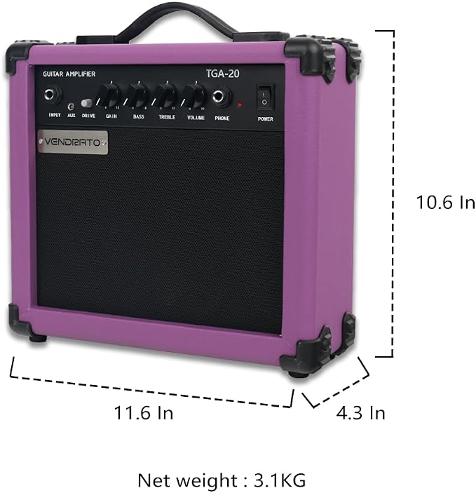 Electric Guitar Amplifier 20W Guitar Amp Purple Color Portable Practice 6.5Inch Speaker Aux Drive Gain Bass Treble Volume Headphone Multi Function Suitable for Beginner Starter in Home Or Outdoor