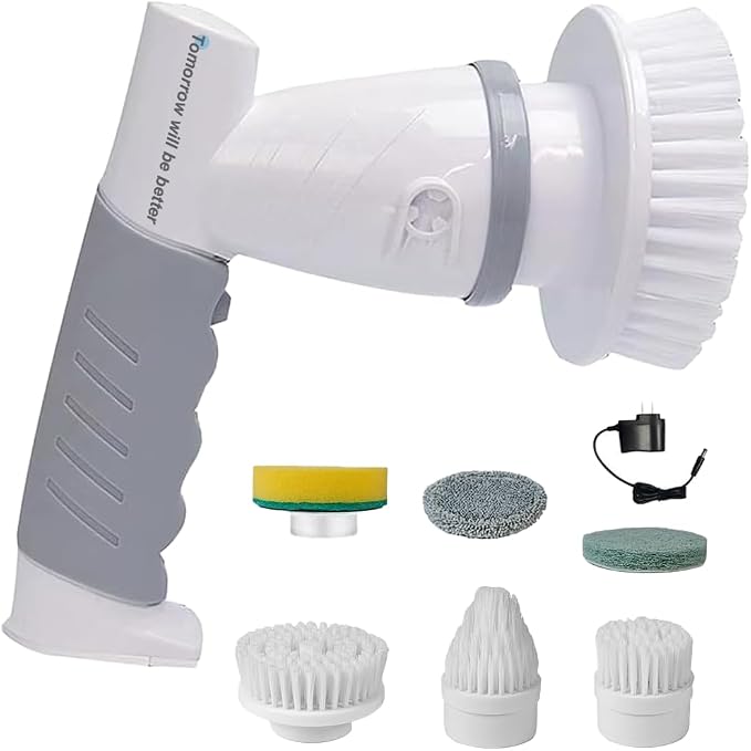 Electric Spin Scrubber Power Spin Brush for Cleaning,Rechargeable Cleaning Brush for Bathroom/Tub/Tile/Floor/Sink/Window Cordless Shower Scrubber with 4 Replaceable Cleaning Brush Heads, Classic Grey