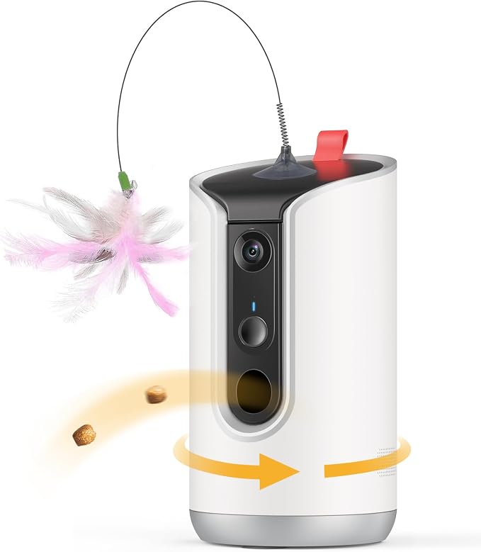 TKENPRO 2K Cat Camera Treat Dispenser, AI Photo Album, Pet Camera with 360° Auto Tracking & 5G/2.4G WiFi, 2-Way Talk, Remote Treat Tossing, Motion Alerts for Dogs Indoor, White