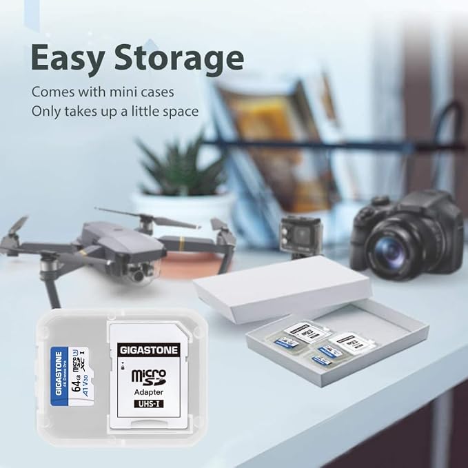 【Designed for Drone】 GIGASTONE 64GB Micro SD Card, 4K Drone Pro, MicroSDXC Memory Card for Security Camera, DJI Drone or Action Camera, 4K Video Recording, UHS-I U3 A1 V30, 95MB/s, with Adapter.