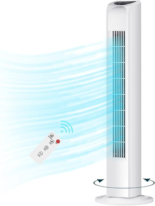 Uthfy Oscillating Tower Fan for Bedroom, Portable Standing Fan with Remote, 3 Modes 3 Speeds, 7.5H Timer, 120° Quiet Cooling for Living room, Office, White