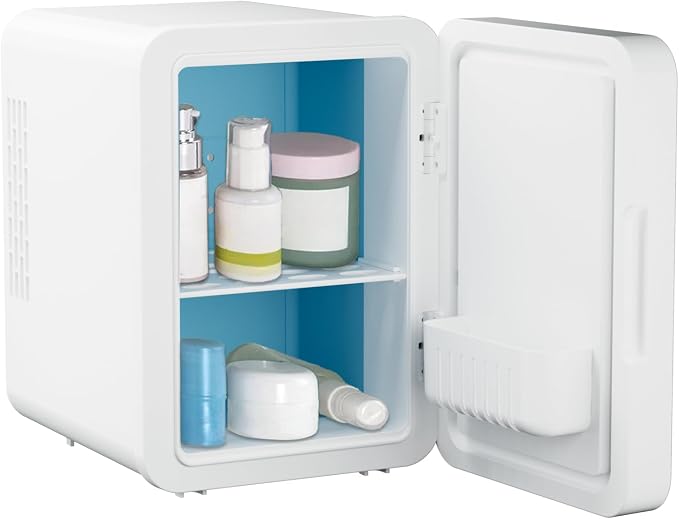 ELLE 4L Mini Cooler Fridge with LED Makeup Mirror for Skincare & Cosmetic Storage Cooler & Warmer Removable Shelf Carrying Handle AC DC Power Options Small Refrigerator for Bedroom Car Office White