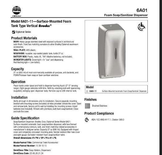 Bradley Diplomat Automatic Touchless Foam Soap/Sanitizer Dispenser for Commercial Restroom, Surface-Mounted, 27 oz Vertical Tank, ADA Compliant, Brushed Stainless Steel, Satin Finish, 6A01-11