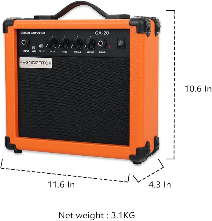 Electric Guitar Amplifier 20w amp Orange Color gain bass Treble 3.5mm aux in Drive 6.5mm Guitar Input Headphone Portable for Beginner Starter Practice Travel amp noiseless Cable Pick and Adapter in