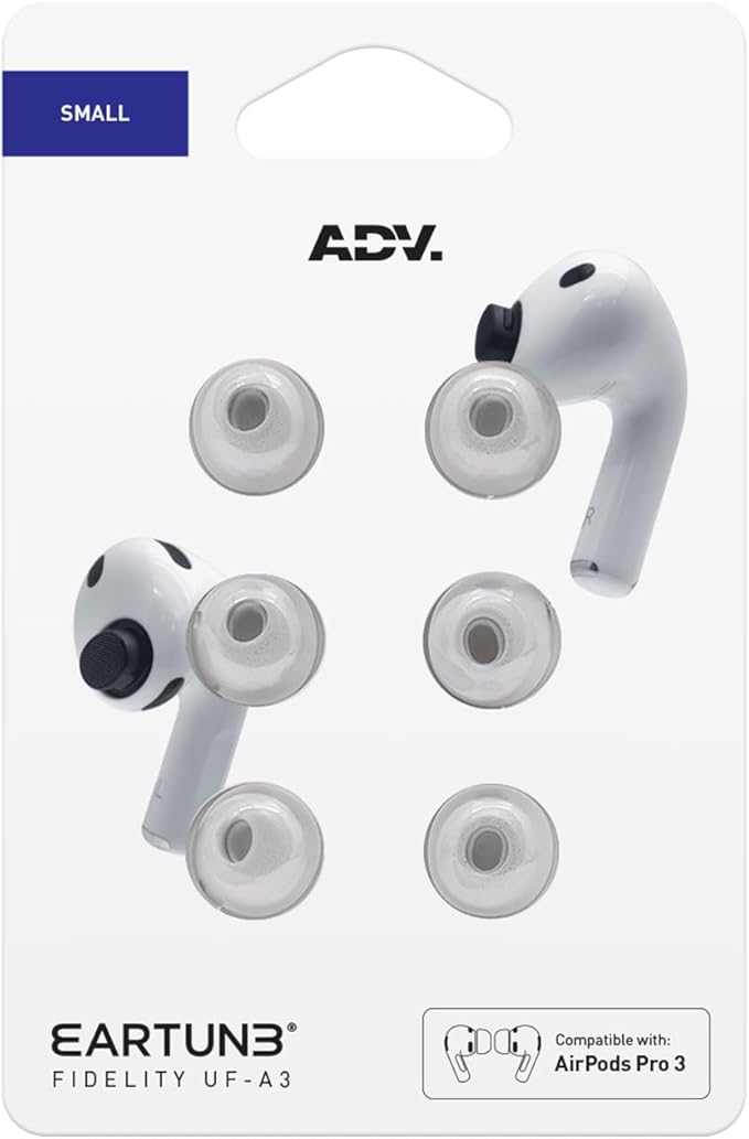 ADV. Eartune Fidelity UF-A3 | Replacement Memory-Foam Tips for AirPods Pro 3 | Secure Fit, All-Day Comfort, Superior Noise Isolation, Rich Bass, Built-in Wax Guard | Grey [Small] [3-Pairs]