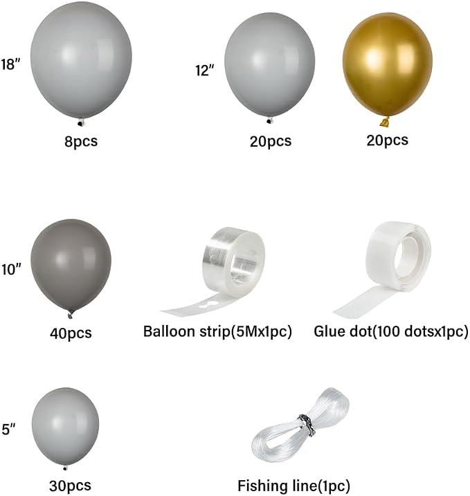 Restaurantware-Balloonify Balloon Garland Set, 1 Party Decoration Kit - 118 Balloons, With Chain, Gray, White, & Gold Latex Balloon Arch Kit, Includes Glue Dots, Fishing Line