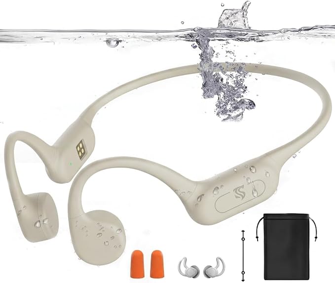 Bone Conduction Headphones IPX8 Waterproof Swimming Headphones Open Ear Headphones with MP3 Mode 32GB Memory 8H Playtime Bluetooth 5.4 Ear Buds Secure Fit for Running and Fitness (Apricot)