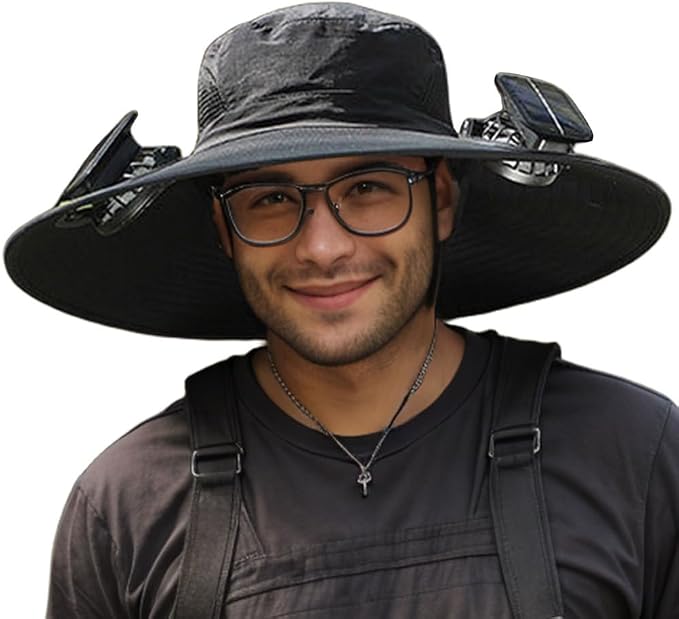 Men Sun Hat with 2 Solar Fan UPF 50+ Fishing Hats Wide Brim UV Protection Sun Hat, USB Charging