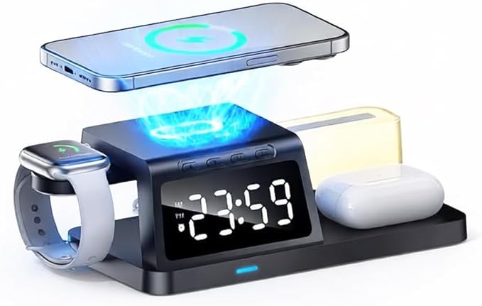IHAO 6in1Digital Alarm Clock with Wireless Charging Station Night Light 15W Fast Charging for Qi Phone Headphone Bracket for iWatch Charger LED Display Dimmable Brightness-HT309 Black