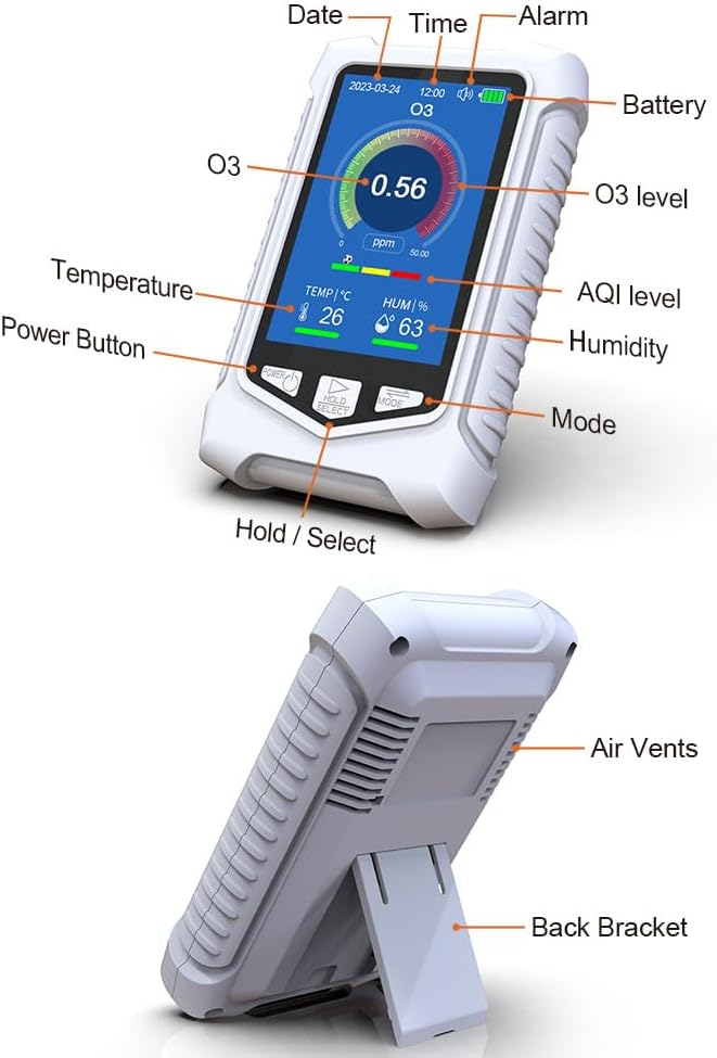 Portable O3 Meter Ozone Detector 3.5 Inch TFT Multifunction Air Quality Monitor for Air Quality Temperature Humidity Detection, Handheld Ozone Meter Tester for Home Office Use