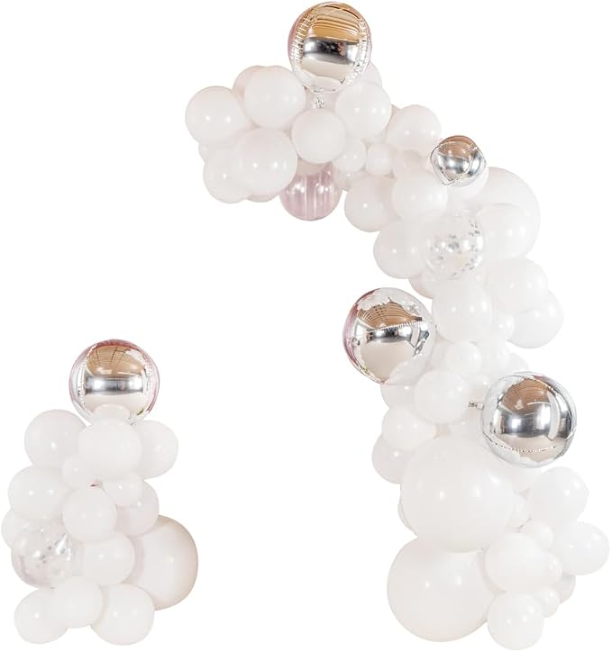 Restaurantware-Balloonify Balloon Garland Set, 1 Party Decoration Kit - 123 Balloons, With Chain, White & Silver Plastic Balloon Arch Kit, Includes Glue Dots