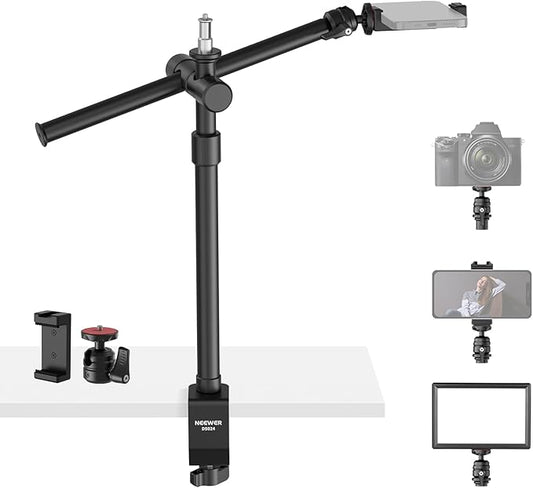 NEEWER Overhead Camera Desk Mount with Swivel Boom Arm, 1/4" Ball Head, Phone Holder & C Clamp, 22"/55.5cm Adjustable Webcam Mic Stand for LED Light Microphone Streaming Zoom Video Recording, DS024