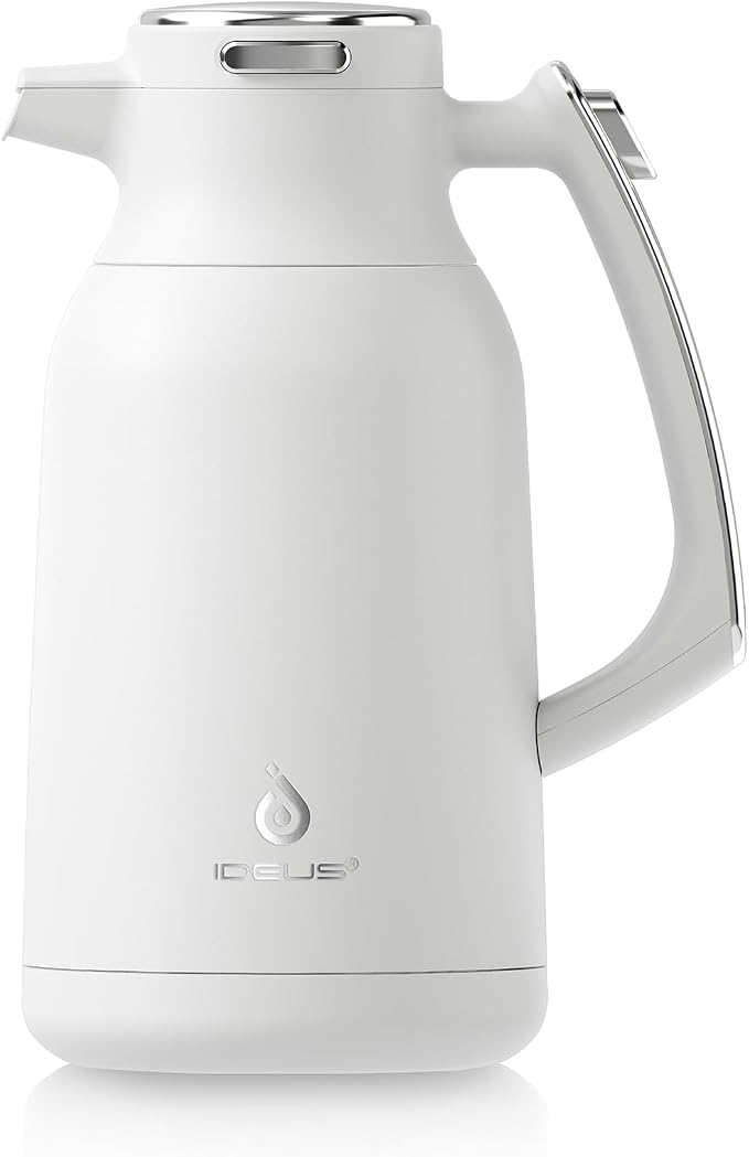 IDEUS Thermal Coffee Carafe, Stainless Steel Double Wall Insulated Vacuum Flask, Water Jug Coffee Server and Beverage Dispenser, Heat and Cold Retention (White, 68, Fluid Ounces)